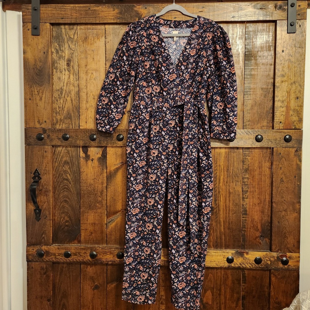 La Vie Rebecca‎ Taylor Floral Corduroy Jumpsuit Navy Pink V-Neck Belted Large